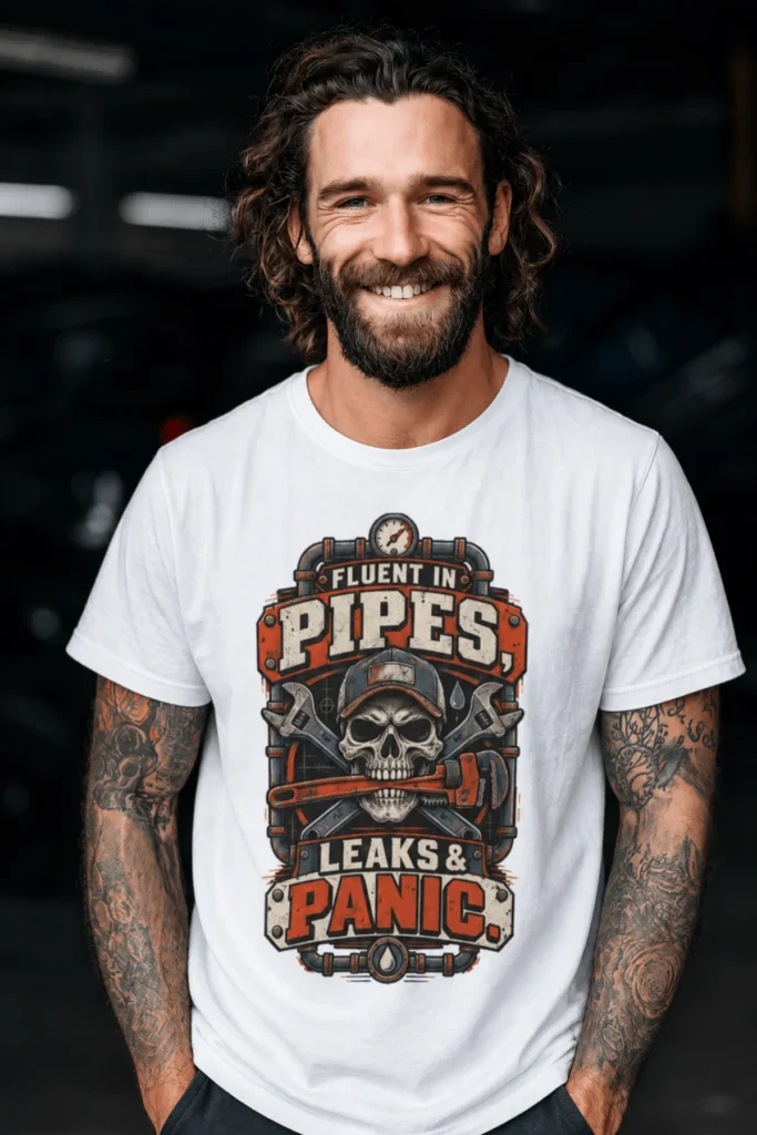 Plumber Skull T-Shirt — "Fluent in Pipes, Leaks and Panic" Workwear Tee — white t-shirt, model photo | Pressure Tested Co