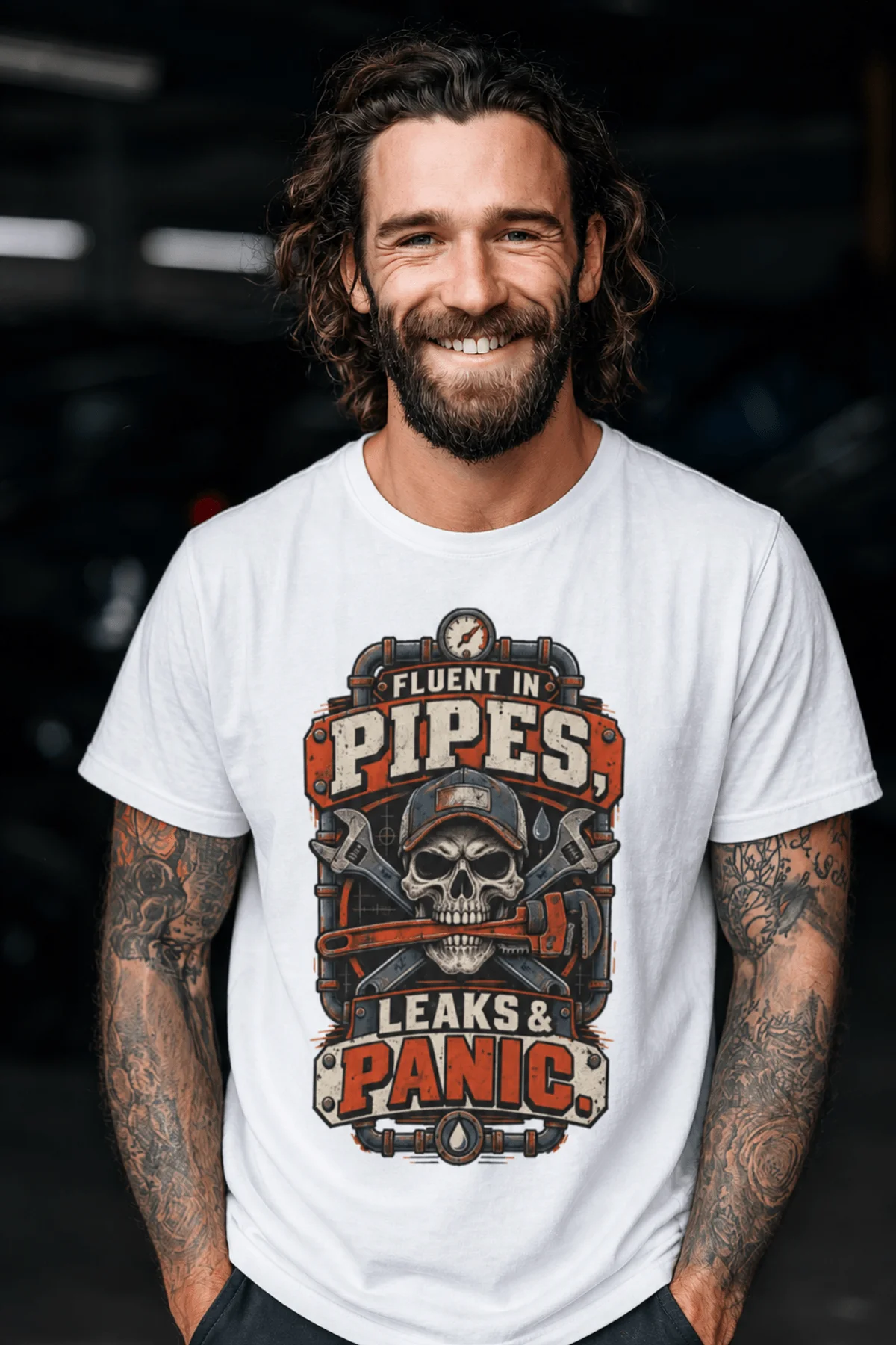 Plumber Skull T-Shirt — "Fluent in Pipes, Leaks and Panic" Workwear Tee — white t-shirt, model photo | Pressure Tested Co
