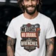"No Leaks, No Drama, Just Wrenches" Vintage Plumbing Tee — white t-shirt, model photo | Pressure Tested Co