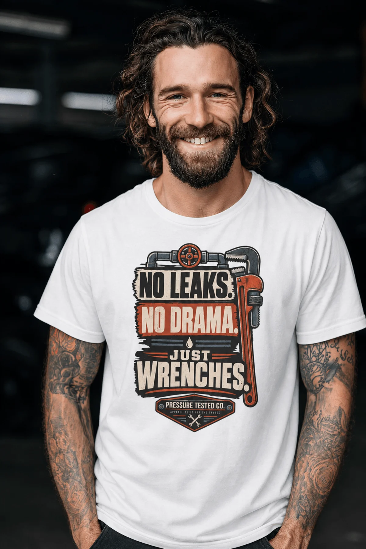 "No Leaks, No Drama, Just Wrenches" Vintage Plumbing Tee — white t-shirt, model photo | Pressure Tested Co