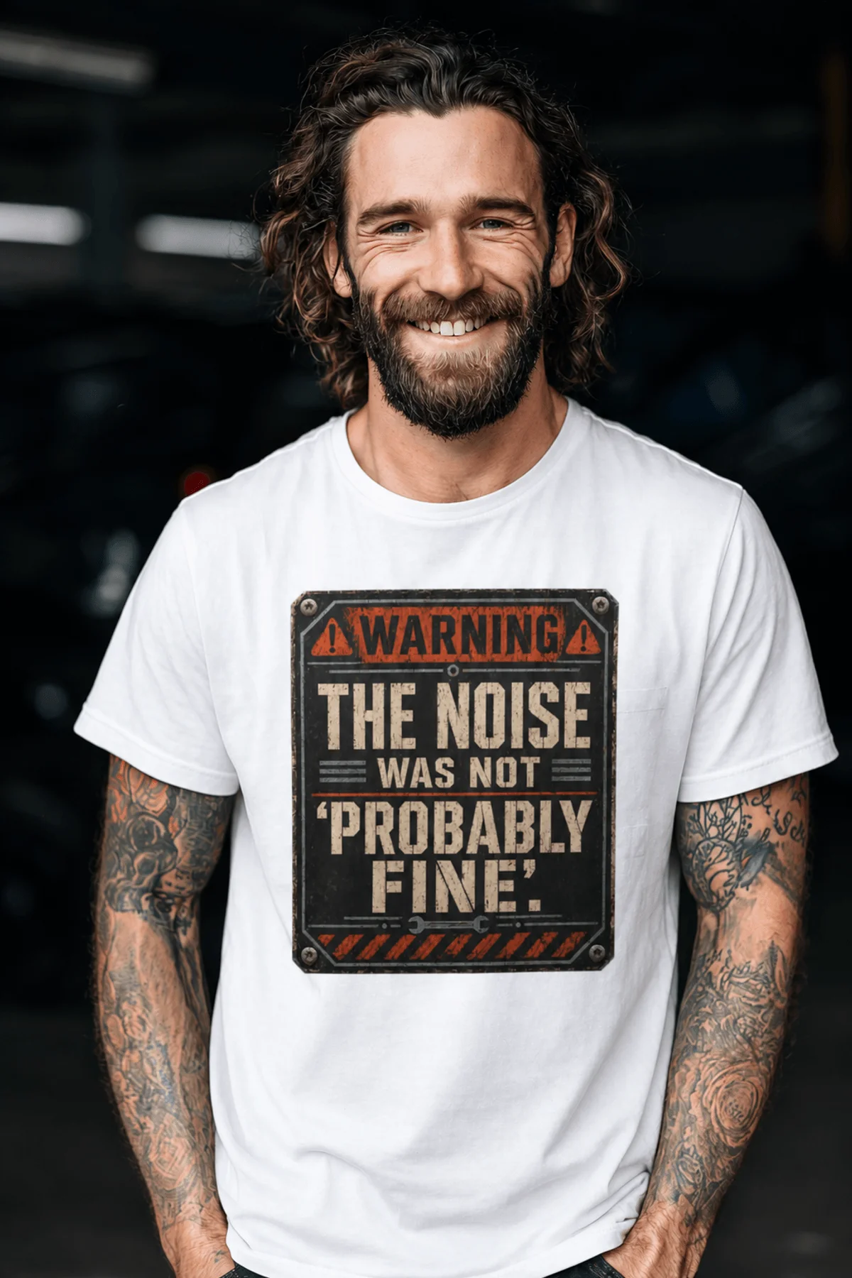 Warning Sign T-Shirt — "The Noise Was Not 'Probably Fine'" Vintage Graphic Tee — white t-shirt, model photo | Pressure Tested Co