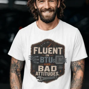 HVAC Tech T‑Shirt – "Fluent In BTUs And Bad Attitudes" — white t-shirt, model photo | Pressure Tested Co
