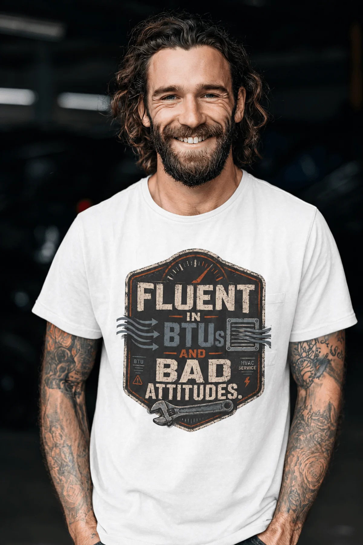 HVAC Tech T‑Shirt – "Fluent In BTUs And Bad Attitudes" — white t-shirt, model photo | Pressure Tested Co