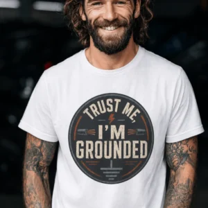 Grounded T‑Shirt – "Trust Me I'm Grounded" Electrical Tech Tee — white t-shirt, model photo | Pressure Tested Co