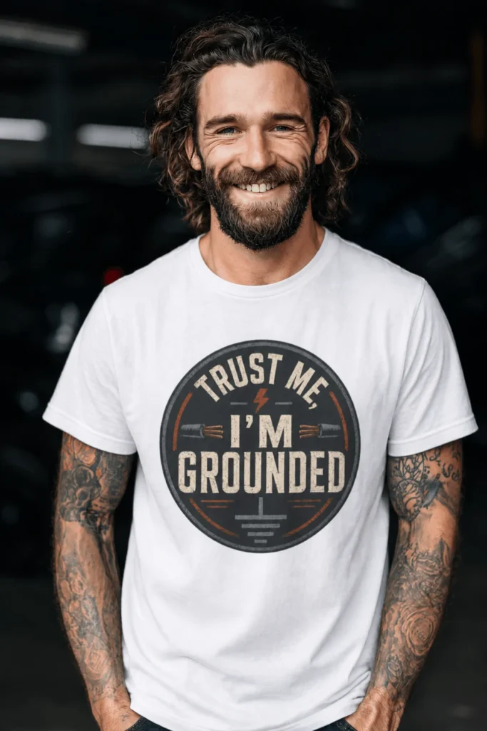 Grounded T‑Shirt – "Trust Me I'm Grounded" Electrical Tech Tee — white t-shirt, model photo | Pressure Tested Co