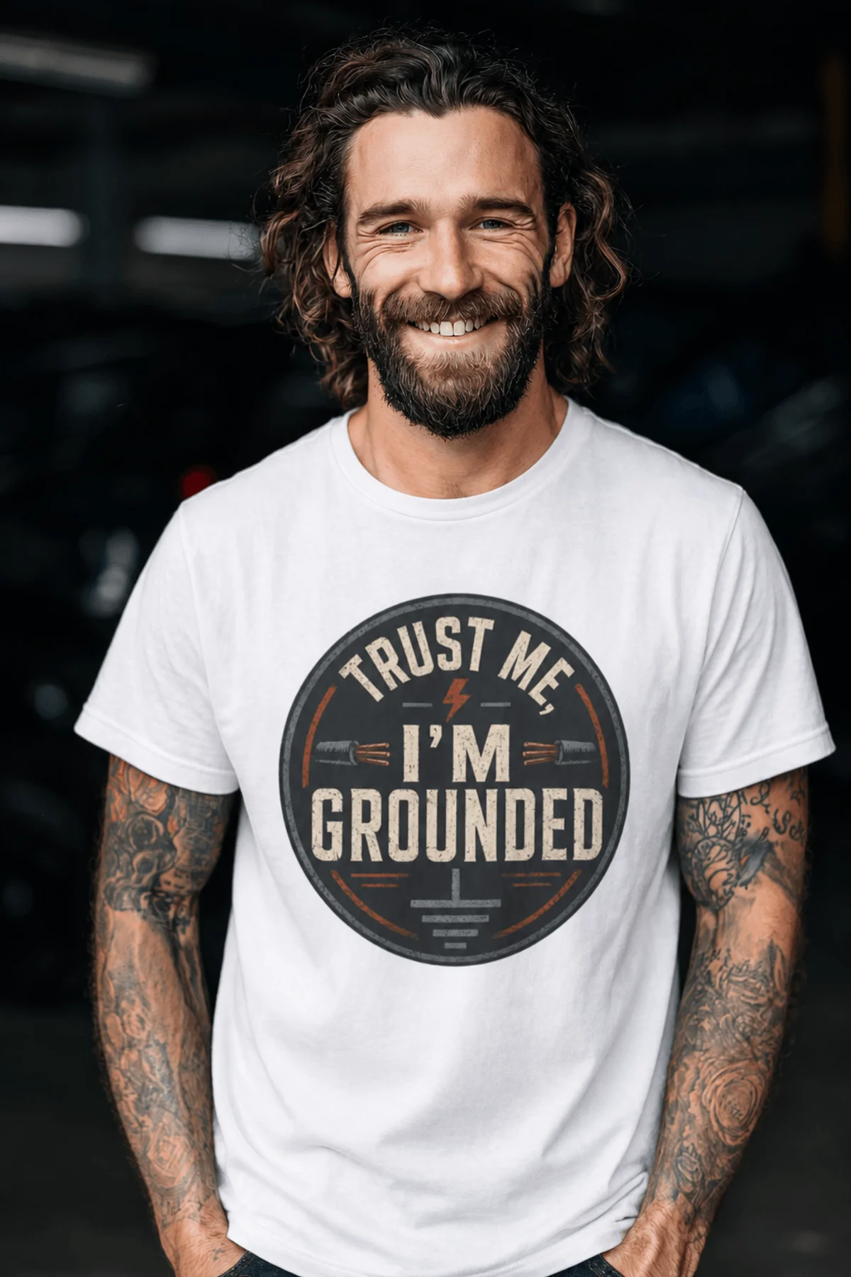 Grounded T‑Shirt – "Trust Me I'm Grounded" Electrical Tech Tee — white t-shirt, model photo | Pressure Tested Co
