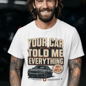 Mechanic T‑Shirt – "Your Car Told Me Everything" Vintage Graphic Design Tee — white t-shirt, model photo | Pressure Tested Co