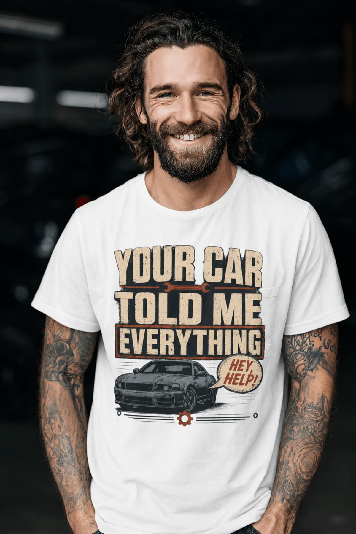 Mechanic T‑Shirt – "Your Car Told Me Everything" Vintage Graphic Design Tee — white t-shirt, model photo | Pressure Tested Co