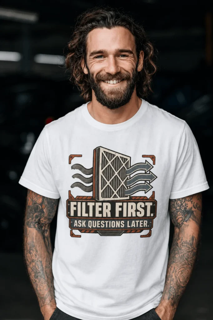 T-Shirt — "Filter First. Ask Questions Later." HVAC Air Filter Graphic — white t-shirt, model photo | Pressure Tested Co