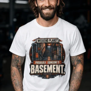 Plumber T‑Shirt – "Weekend Plans? Probably Someone's Basement" Vintage Graphic Design Tee — white t-shirt, model photo | Pressure Tested Co