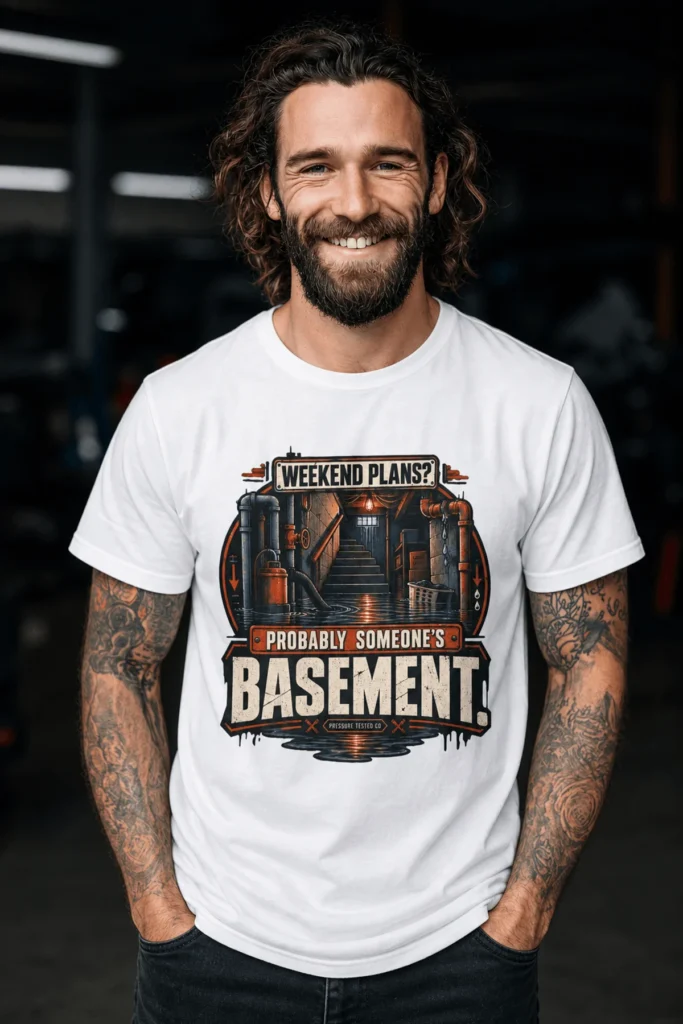 Plumber T‑Shirt – "Weekend Plans? Probably Someone's Basement" Vintage Graphic Design Tee — white t-shirt, model photo | Pressure Tested Co