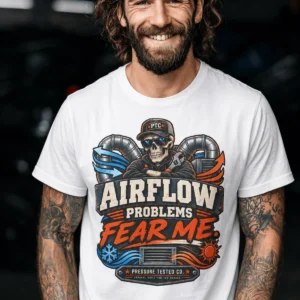 Airflow Problems Fear Me T-Shirt — HVAC Technician Skull Logo Tee — white t-shirt, model photo | Pressure Tested Co