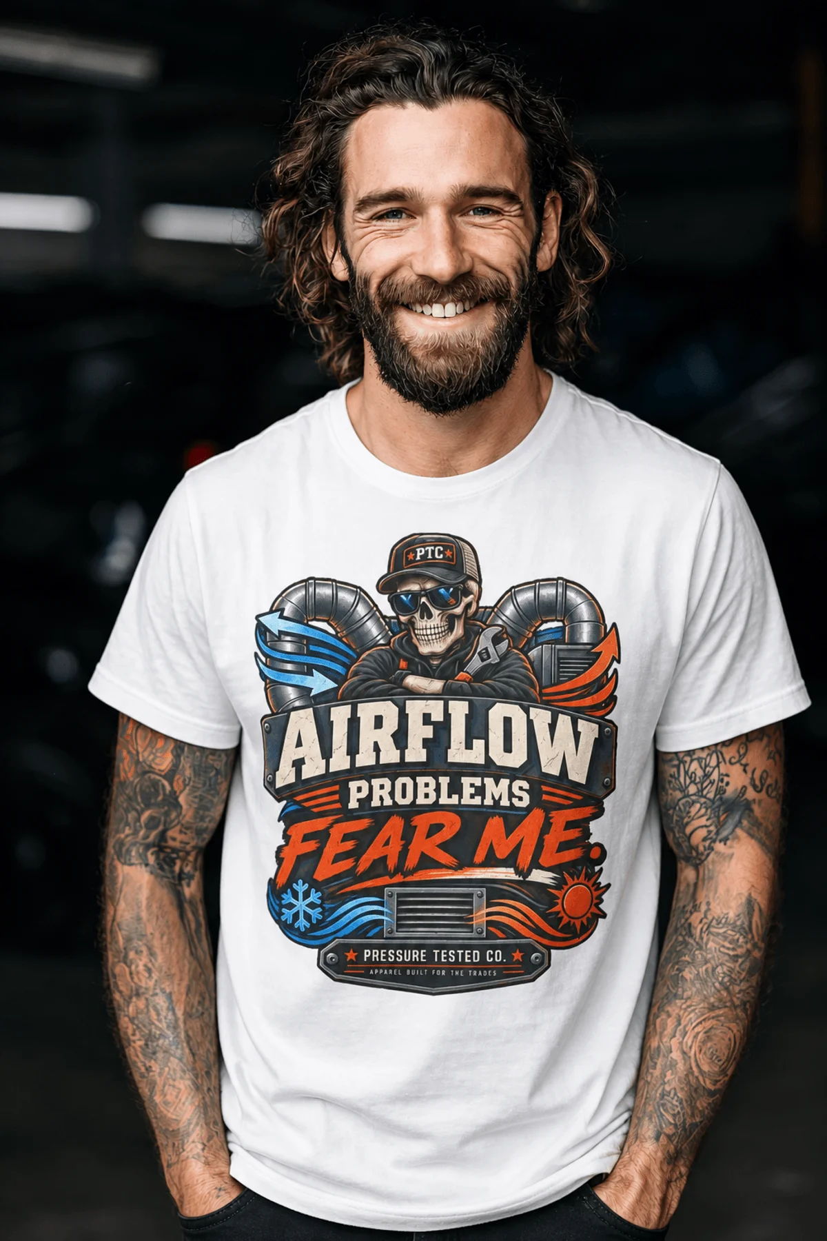 Airflow Problems Fear Me T-Shirt — HVAC Technician Skull Logo Tee — white t-shirt, model photo | Pressure Tested Co
