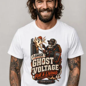 Ghost Voltage T-Shirt — 'I Chase Ghost Voltage for a Living' Vintage Electrician Tee — white t-shirt, model photo | Pressure Tested Co