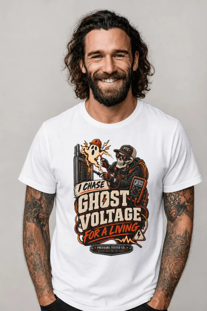 Ghost Voltage T-Shirt — 'I Chase Ghost Voltage for a Living' Vintage Electrician Tee — white t-shirt, model photo | Pressure Tested Co
