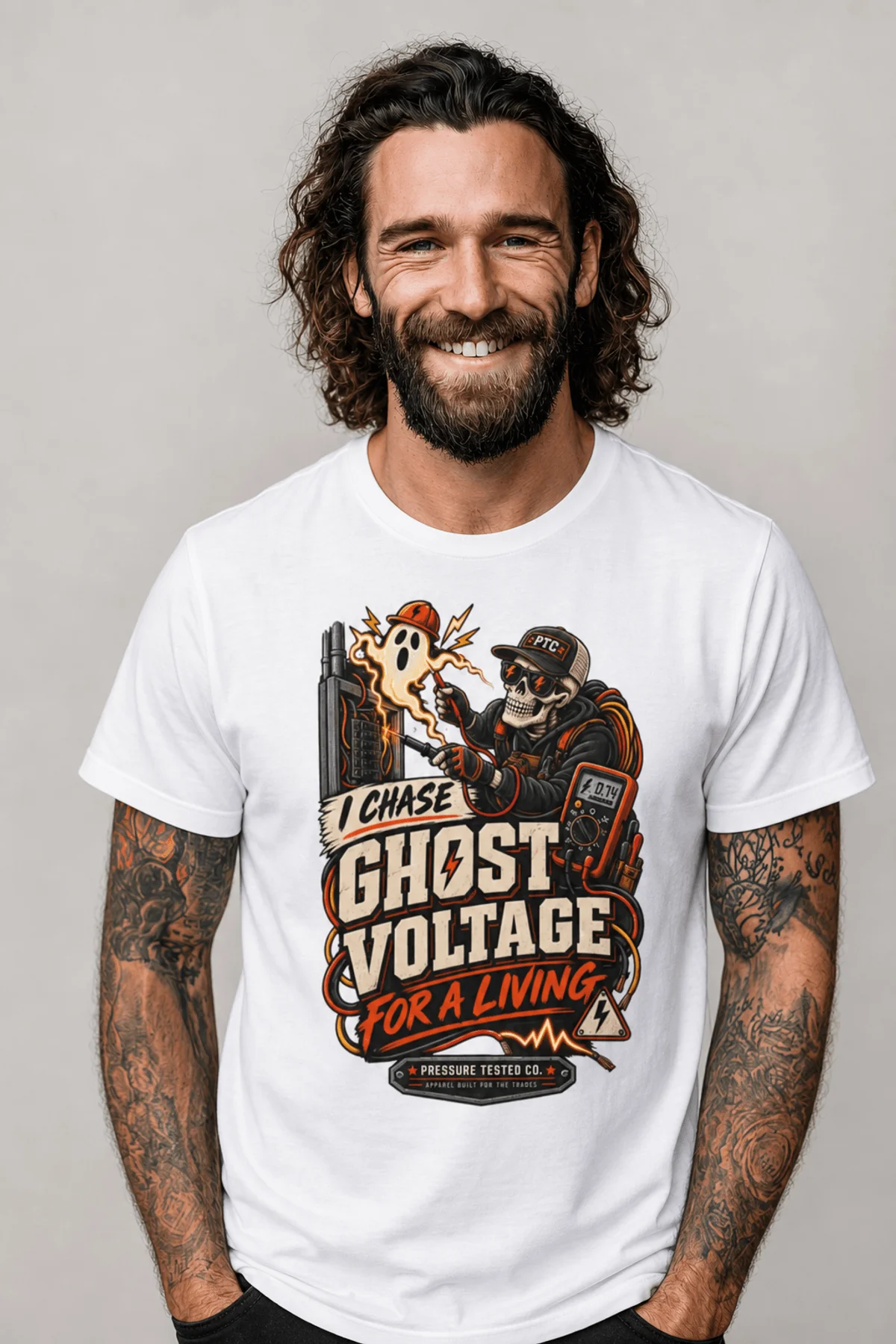 Ghost Voltage T-Shirt — 'I Chase Ghost Voltage for a Living' Vintage Electrician Tee — white t-shirt, model photo | Pressure Tested Co