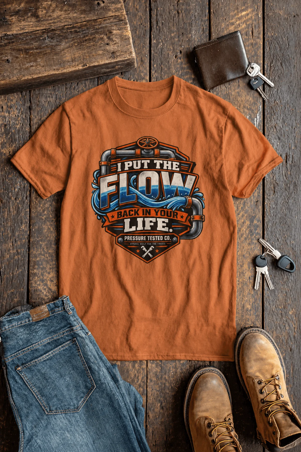 'I Put The Flow Back Into Your Life.' T-Shirt — Funny Retro Industrial Plumber's Tee — yam t-shirt, flat-lay product photo | Pressure Tested Co
