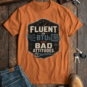 HVAC Tech T‑Shirt – "Fluent In BTUs And Bad Attitudes" — yam t-shirt, flat-lay product photo | Pressure Tested Co