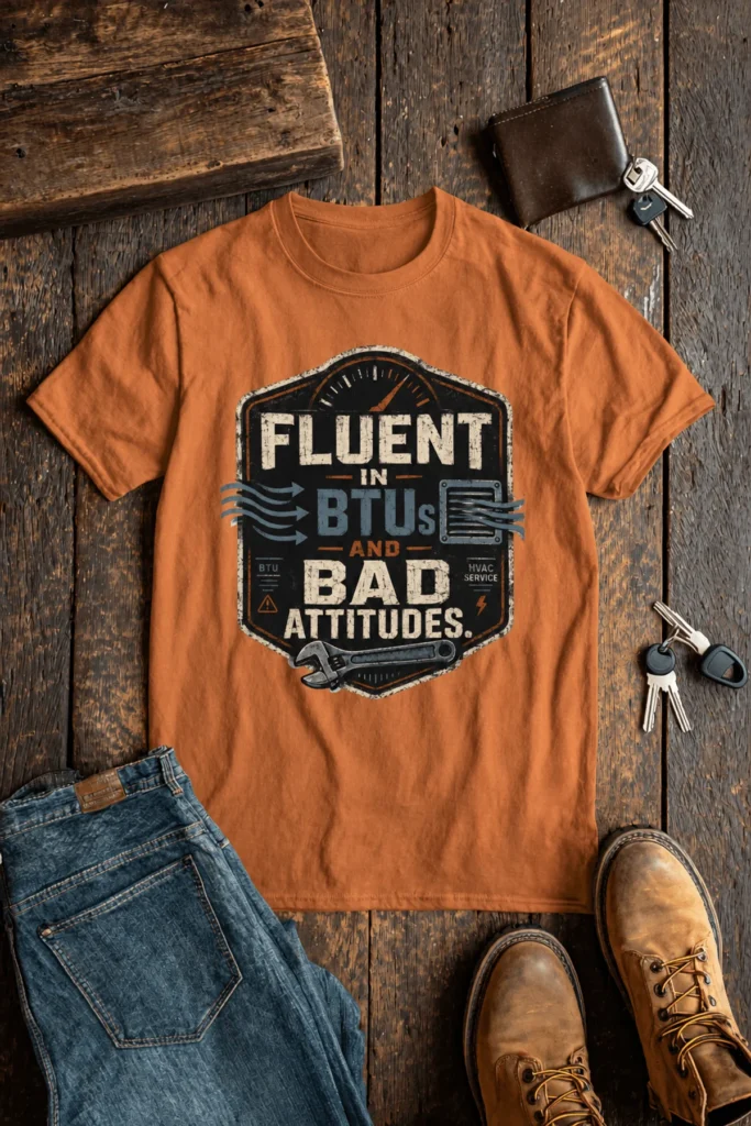 HVAC Tech T‑Shirt – "Fluent In BTUs And Bad Attitudes" — yam t-shirt, flat-lay product photo | Pressure Tested Co