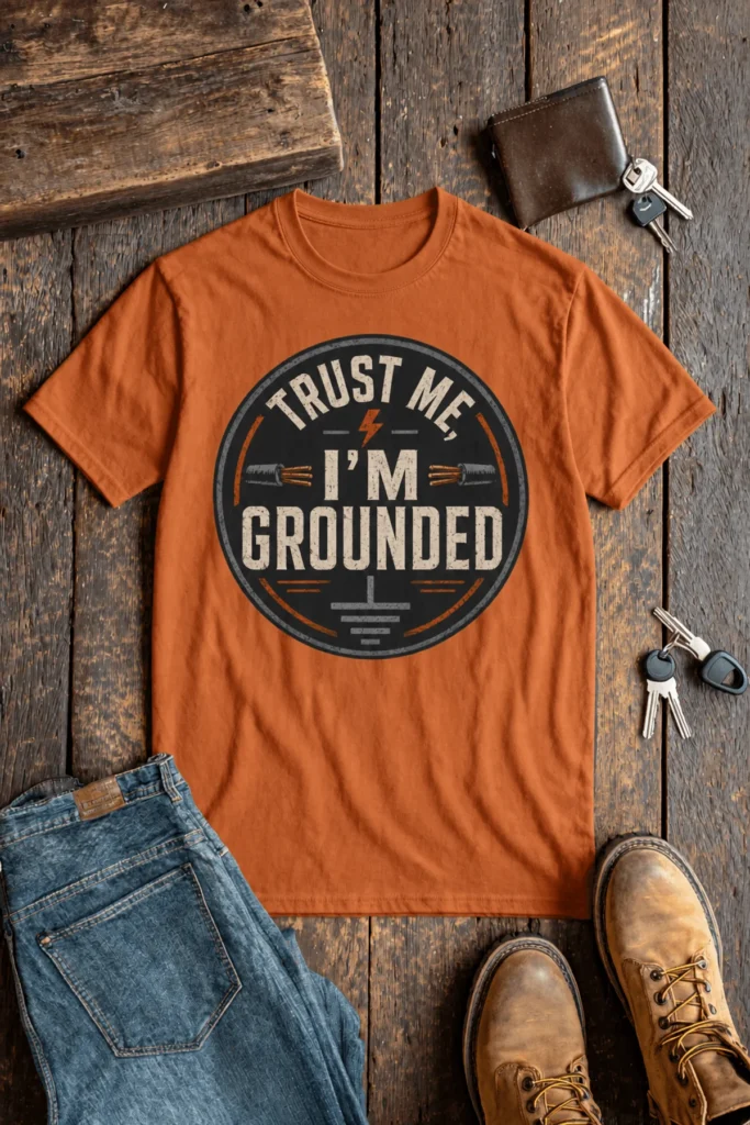 Grounded T‑Shirt – "Trust Me I'm Grounded" Electrical Tech Tee — yam t-shirt, flat-lay product photo | Pressure Tested Co