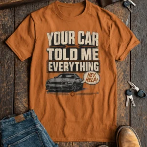 Mechanic T‑Shirt – "Your Car Told Me Everything" Vintage Graphic Design Tee — yam t-shirt, flat-lay product photo | Pressure Tested Co