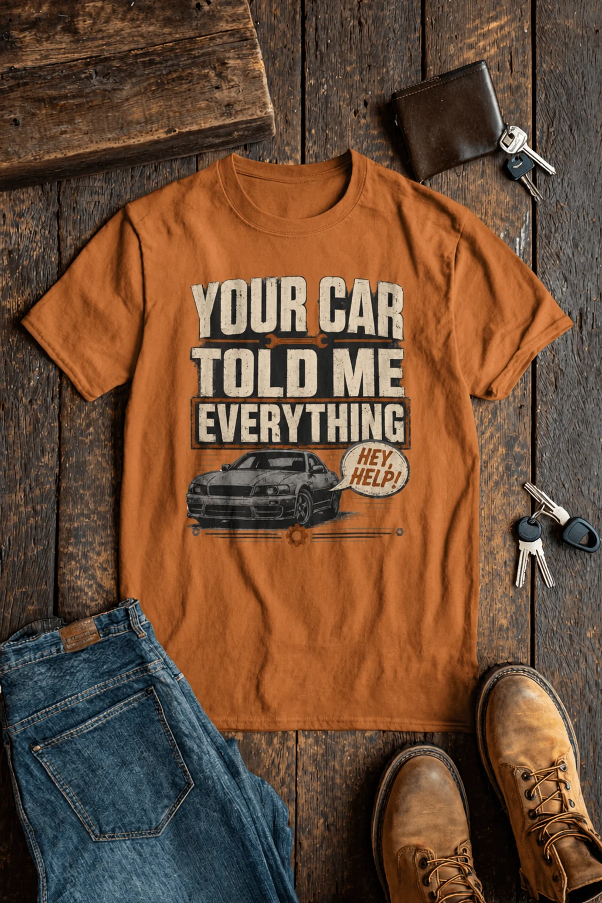 Mechanic T‑Shirt – "Your Car Told Me Everything" Vintage Graphic Design Tee — yam t-shirt, flat-lay product photo | Pressure Tested Co