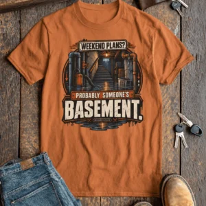 Plumber T‑Shirt – "Weekend Plans? Probably Someone's Basement" Vintage Graphic Design Tee — yam t-shirt, flat-lay product photo | Pressure Tested Co