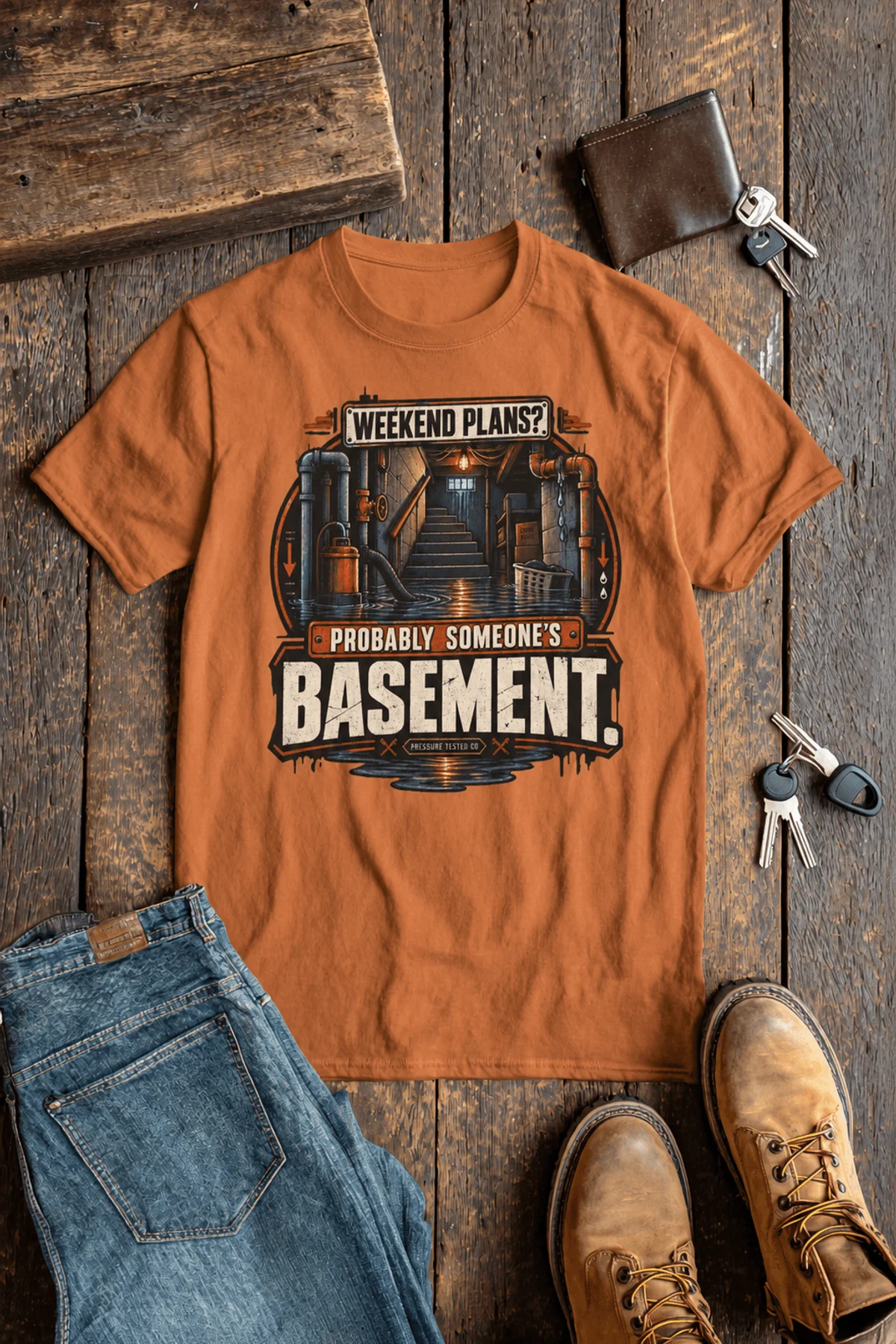 Plumber T‑Shirt – "Weekend Plans? Probably Someone's Basement" Vintage Graphic Design Tee — yam t-shirt, flat-lay product photo | Pressure Tested Co