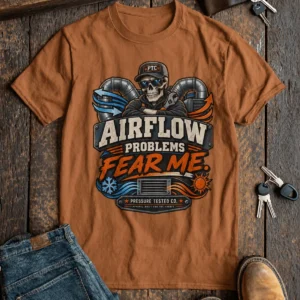 Airflow Problems Fear Me T-Shirt — HVAC Technician Skull Logo Tee — yam t-shirt, flat-lay product photo | Pressure Tested Co