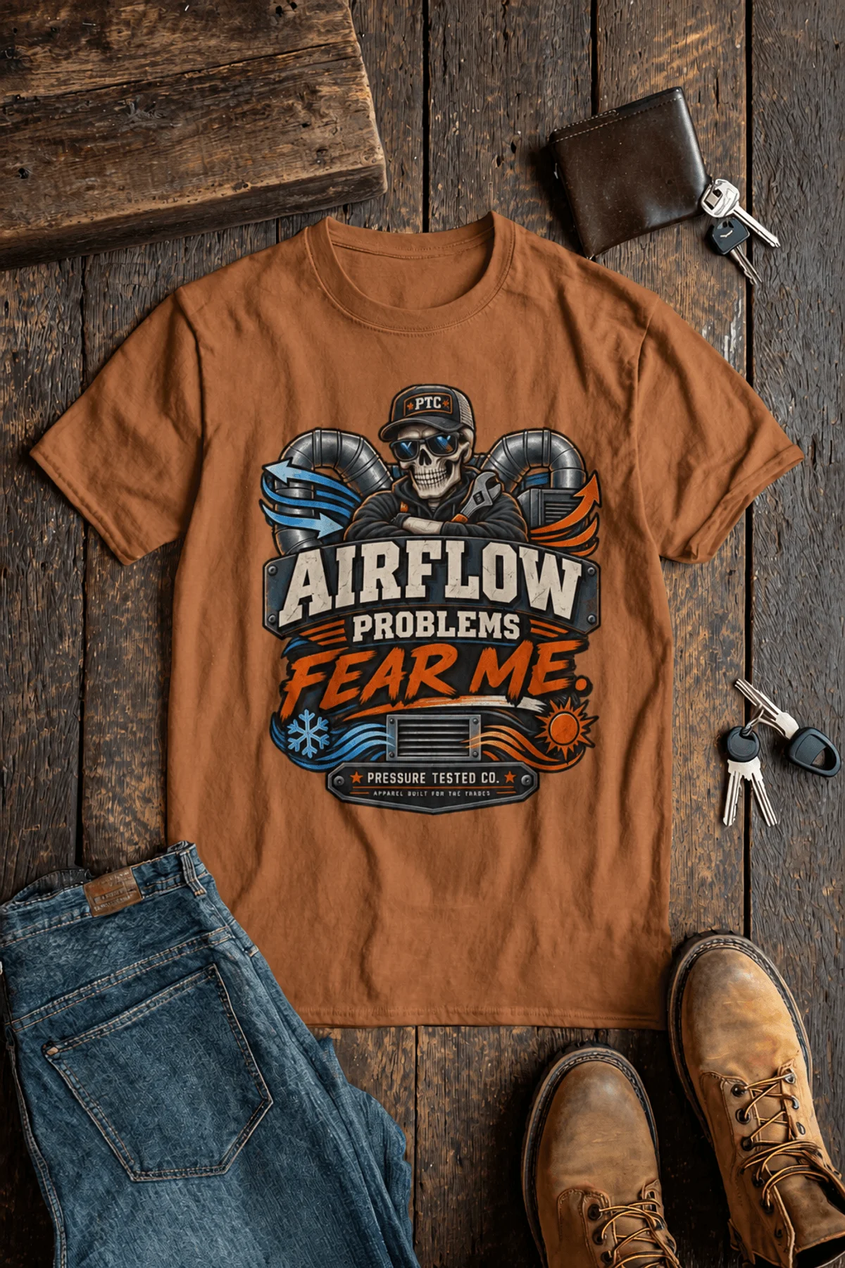 Airflow Problems Fear Me T-Shirt — HVAC Technician Skull Logo Tee — yam t-shirt, flat-lay product photo | Pressure Tested Co