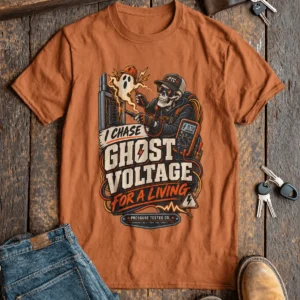 Ghost Voltage T-Shirt — 'I Chase Ghost Voltage for a Living' Vintage Electrician Tee — yam t-shirt, flat-lay product photo | Pressure Tested Co