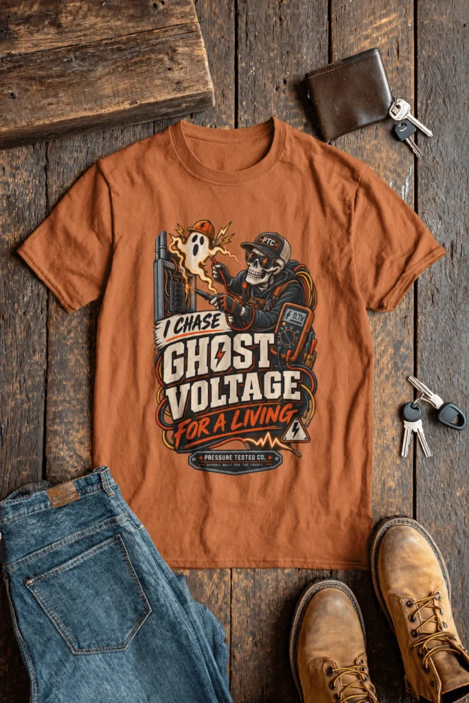 Ghost Voltage T-Shirt — 'I Chase Ghost Voltage for a Living' Vintage Electrician Tee — yam t-shirt, flat-lay product photo | Pressure Tested Co