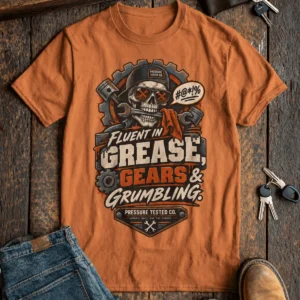 Mechanic Skull T-Shirt — "Fluent in Grease, Gears and Grumbling" Graphic Tee — yam t-shirt, flat-lay product photo | Pressure Tested Co