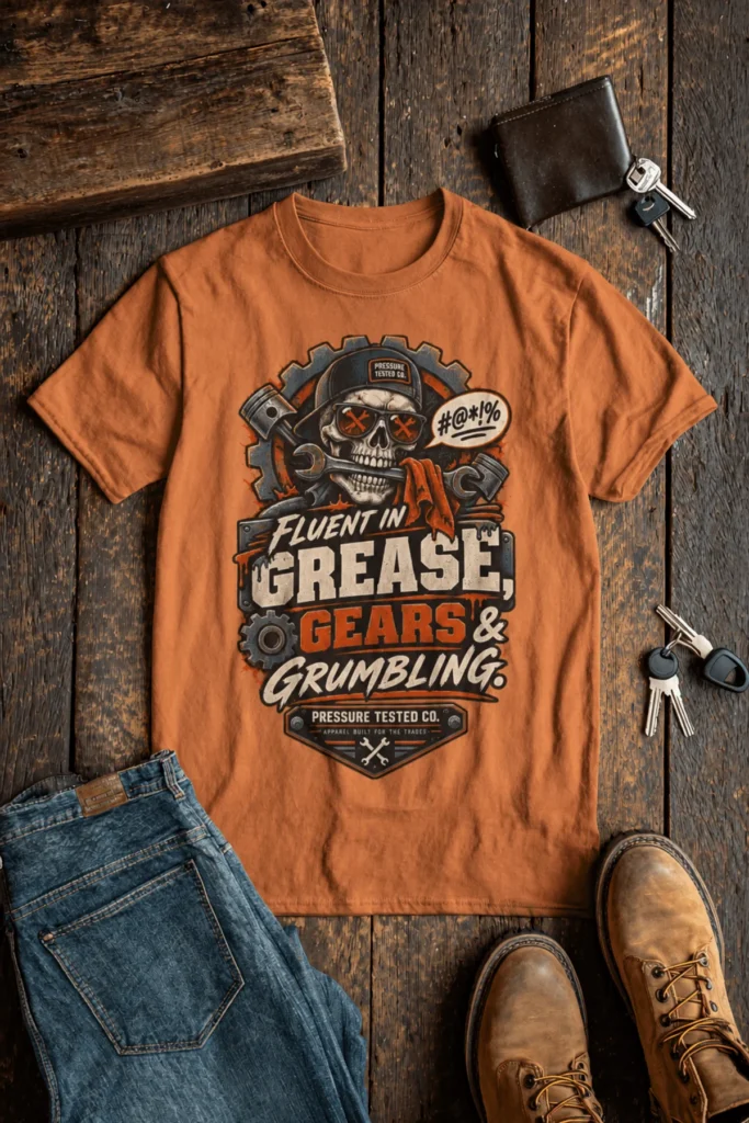 Mechanic Skull T-Shirt — "Fluent in Grease, Gears and Grumbling" Graphic Tee — yam t-shirt, flat-lay product photo | Pressure Tested Co