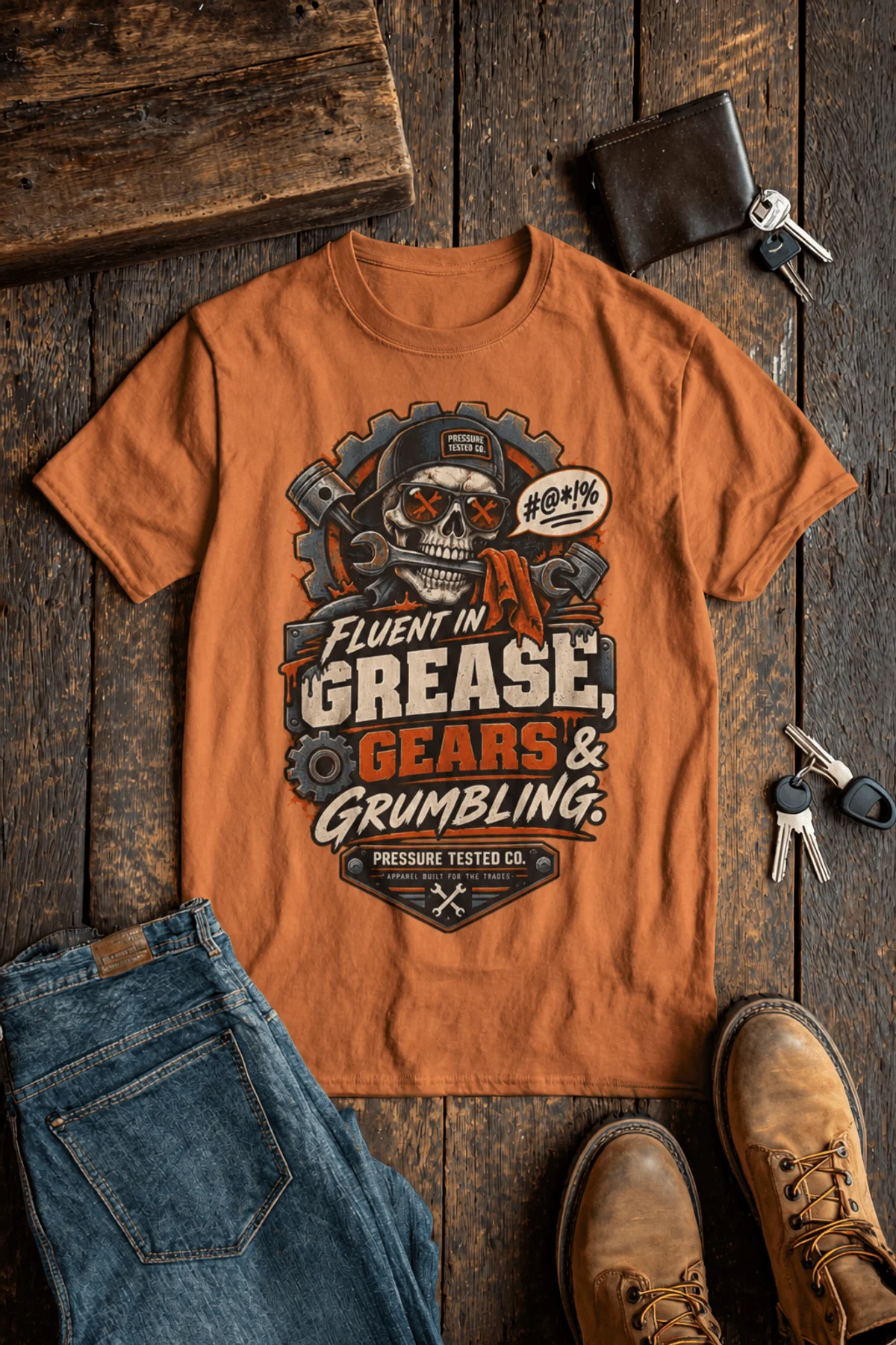 Mechanic Skull T-Shirt — "Fluent in Grease, Gears and Grumbling" Graphic Tee — yam t-shirt, flat-lay product photo | Pressure Tested Co