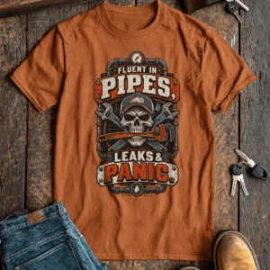Plumber Skull T-Shirt — "Fluent in Pipes, Leaks and Panic" Workwear Tee — yam t-shirt, flat-lay product photo | Pressure Tested Co