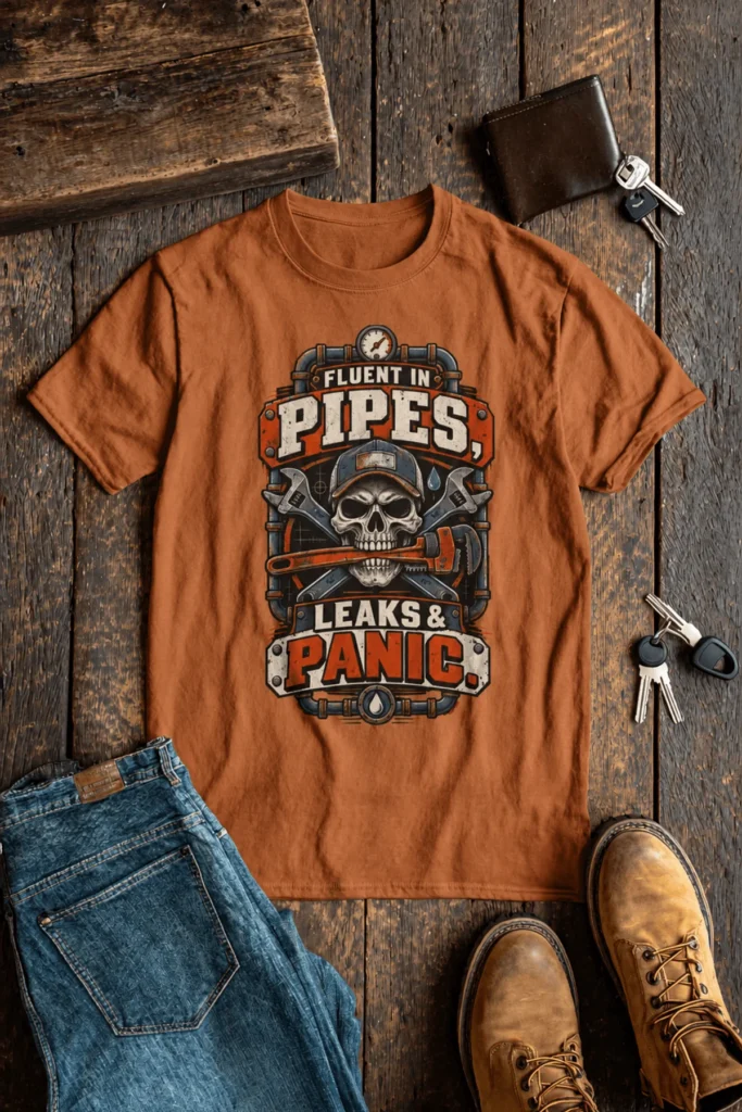 Plumber Skull T-Shirt — "Fluent in Pipes, Leaks and Panic" Workwear Tee — yam t-shirt, flat-lay product photo | Pressure Tested Co