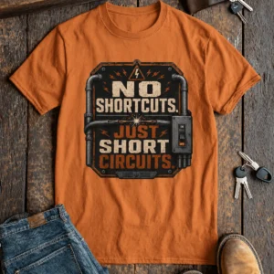 No Shortcuts Just Short Circuits T-Shirt — Funny Retro Industrial Electrician Tee — yam t-shirt, flat-lay product photo | Pressure Tested Co