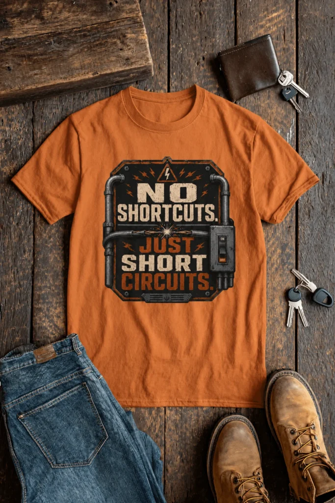 No Shortcuts Just Short Circuits T-Shirt — Funny Retro Industrial Electrician Tee — yam t-shirt, flat-lay product photo | Pressure Tested Co