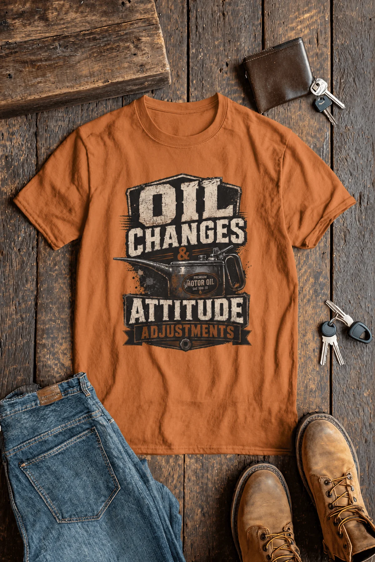 'Oil Changes and Attitude Adjustments' T-Shirt — Funny Retro Industrial Mechanic's Tee — yam t-shirt, flat-lay product photo | Pressure Tested Co