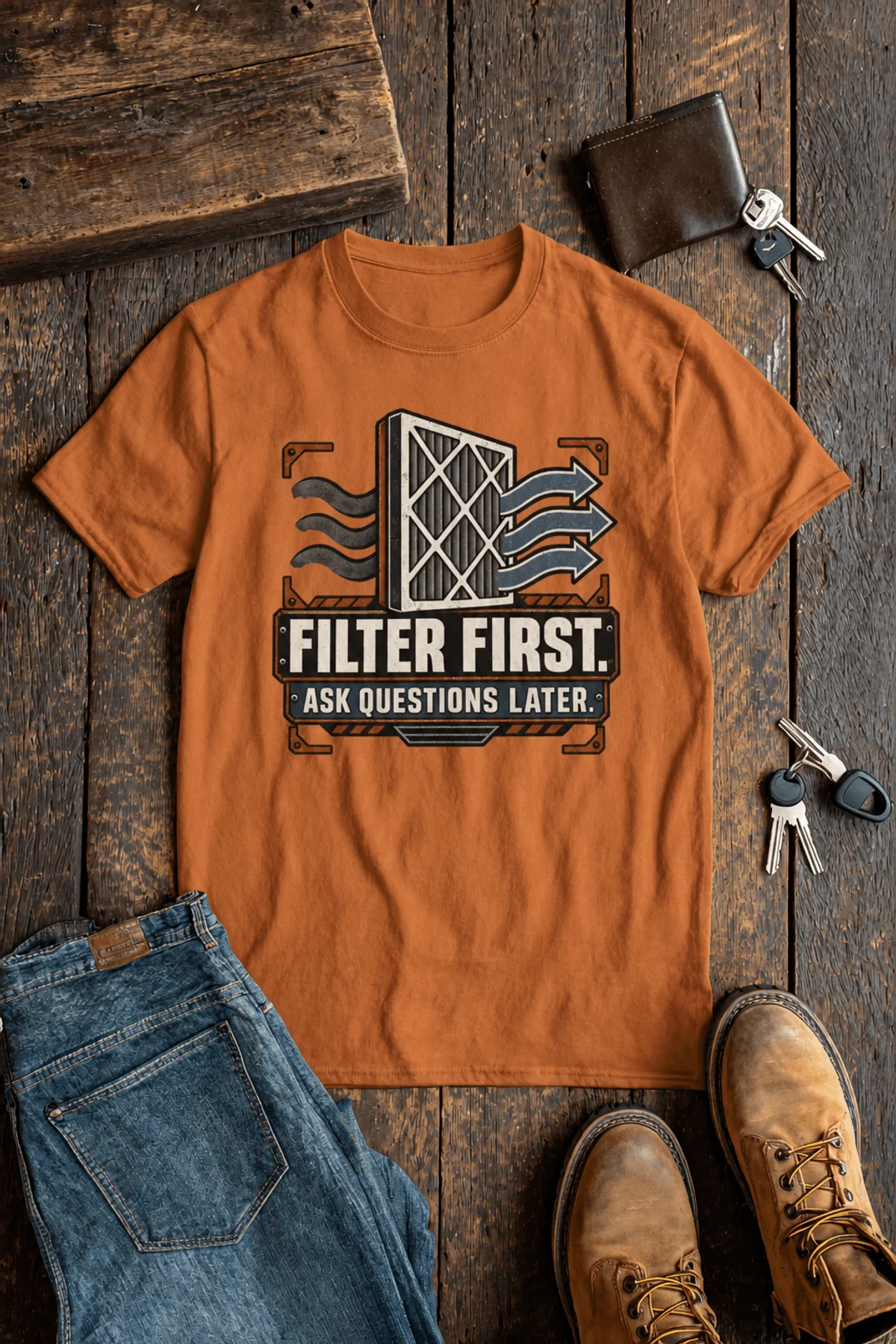T-Shirt — "Filter First. Ask Questions Later." HVAC Air Filter Graphic — yam t-shirt, flat-lay product photo | Pressure Tested Co