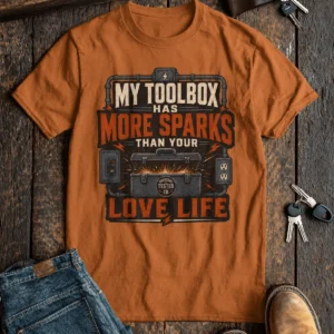 T-Shirt — "My Toolbox Has More Sparks Than Your Love Life" Electrician/Mechanic Workshop Tee — yam t-shirt, flat-lay product photo | Pressure Tested Co