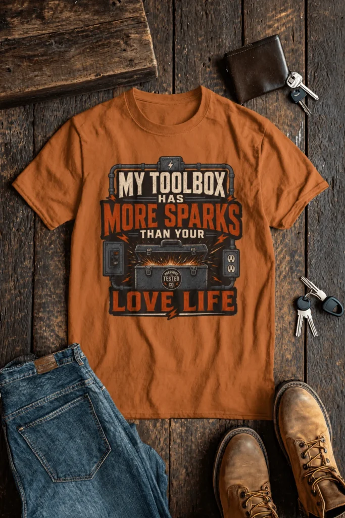 T-Shirt — "My Toolbox Has More Sparks Than Your Love Life" Electrician/Mechanic Workshop Tee — yam t-shirt, flat-lay product photo | Pressure Tested Co