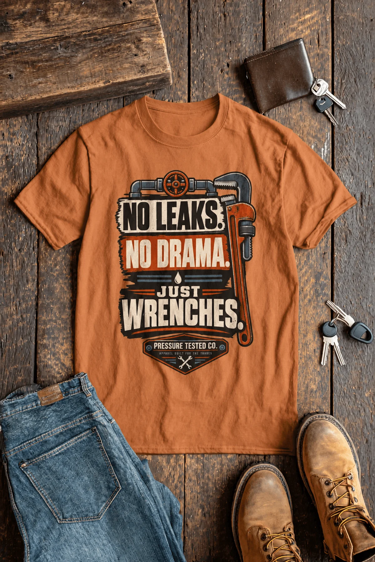 "No Leaks, No Drama, Just Wrenches" Vintage Plumbing Tee — yam t-shirt, flat-lay product photo | Pressure Tested Co