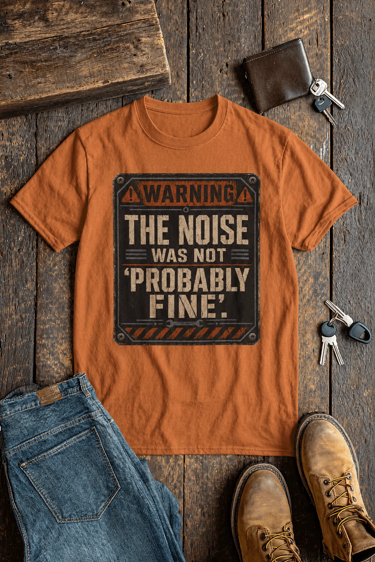 Warning Sign T-Shirt — "The Noise Was Not 'Probably Fine'" Vintage Graphic Tee — yam t-shirt, flat-lay product photo | Pressure Tested Co