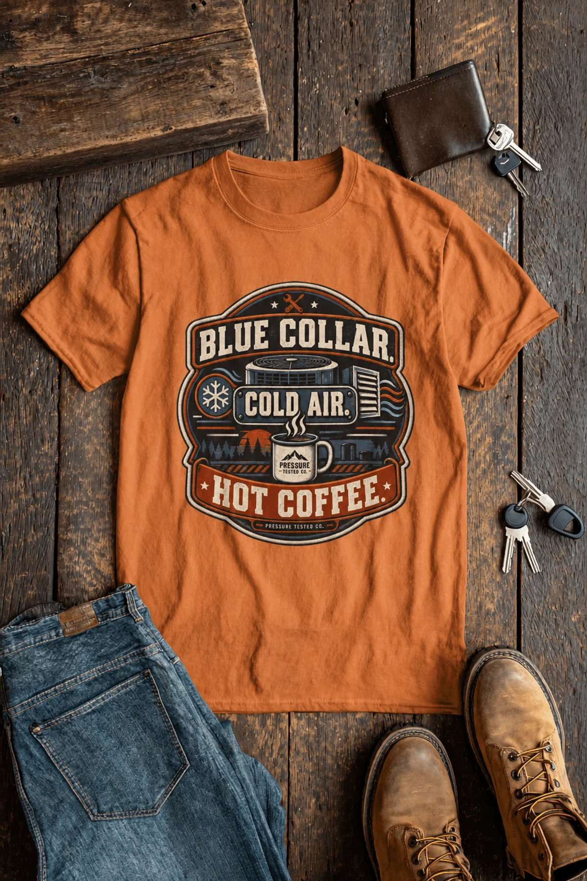 'Blue Collar. Cold Air. Hot Coffee.' T-Shirt — Funny Retro Industrial HVAC Tee — yam t-shirt, flat-lay product photo | Pressure Tested Co