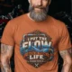 'I Put The Flow Back Into Your Life.' T-Shirt — Funny Retro Industrial Plumber's Tee — yam t-shirt, model photo | Pressure Tested Co