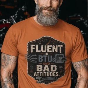 HVAC Tech T‑Shirt – "Fluent In BTUs And Bad Attitudes" — yam t-shirt, model photo | Pressure Tested Co