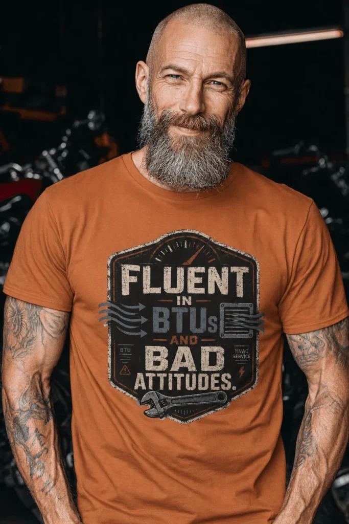 HVAC Tech T‑Shirt – "Fluent In BTUs And Bad Attitudes" — yam t-shirt, model photo | Pressure Tested Co