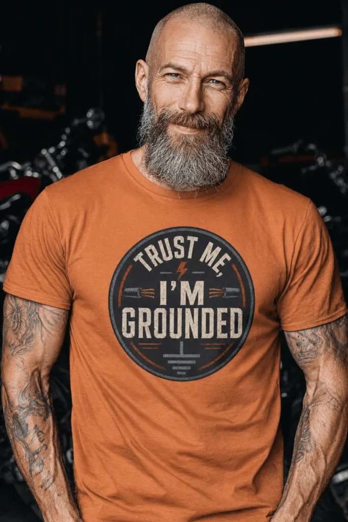Grounded T‑Shirt – "Trust Me I'm Grounded" Electrical Tech Tee — yam t-shirt, model photo | Pressure Tested Co